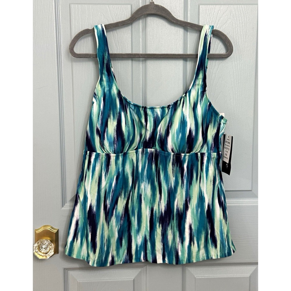 Maxine of Hollywood Crystal Scoop Tankini Swim Top UPF 50+ Blue Green 18 NWT